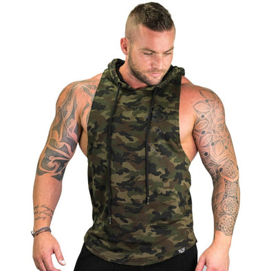 New Men Bodybuilding Tank Tops Gyms Fitness Workout Sleeveless Hoodies Man Casual Camouflage Hooded Vest Male Camo Clothing